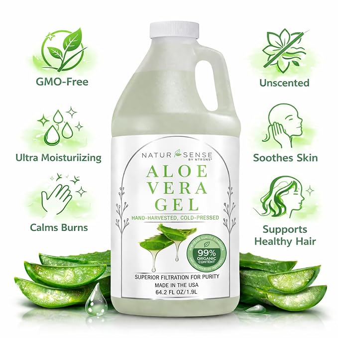 NTRSNS NaturSense 99% Organic Aloe Vera Gel 64.2 oz, Cold Pressed Pure Aloe for Face, Hair, Scalp, Sunburn, Dry Skin, Sensitive Skin, DIY Skincare, Unscented Refill Bottle. Made in USA