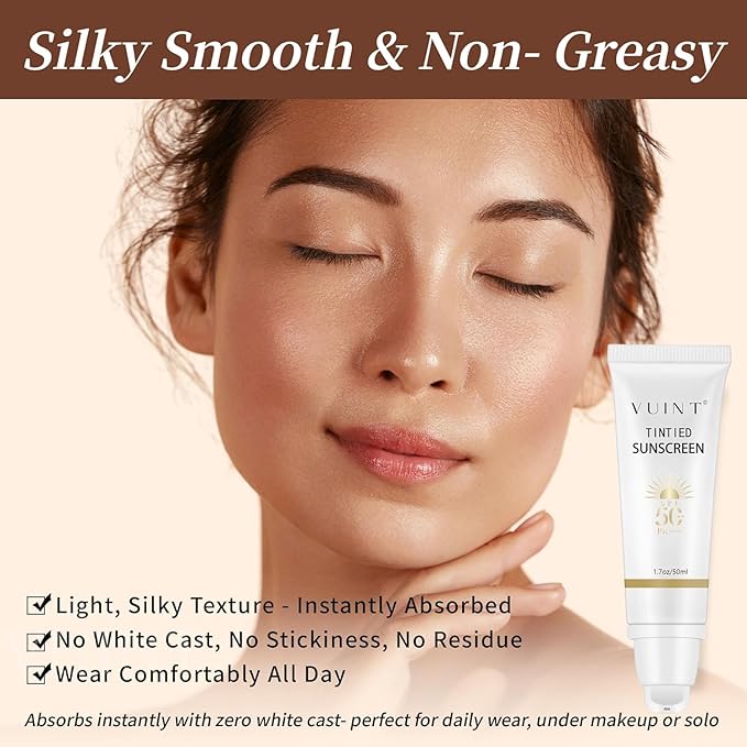 Vuint Tinted Sunscreen for Face SPF 50 – Broad Spectrum SPF Protection for Women – Lightweight, Non-Greasy Sunblock for Sensitive Skin, Hydrating, Waterproof Facial Sunscreen for Travel & Everyday Use