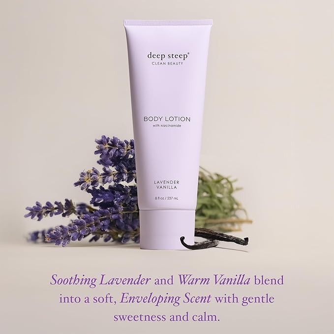 Deep Steep Body Lotion, Lavender Vanilla, 8 oz – Moisturizer with Coconut Oil, Shea Butter, Argan Oil, Aloe Vera & Niacinamide – Vegan, Clean Beauty, Daily Skin Hydration