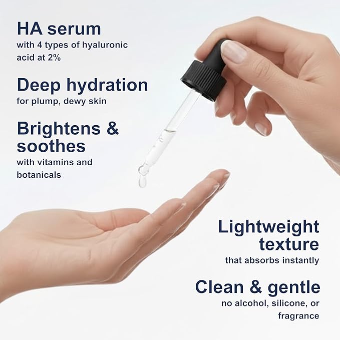 Hyaluronic Acid Serum with Vitamin B5 for Face | Lightweight Hydrating Face Serum for Dry & Sensitive Skin | 4 Types of HA at 2% with Vitamin C & E | Oil-Free & Fragrance-Free, 4 fl oz