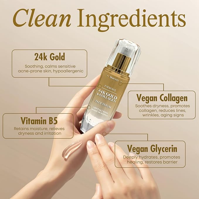 Serenity Dew 24K Gold & Collagen Face Serum - Dermatologist Tested Anti-Aging Korean Skin Care - Calms, Soothes, Hydrates & Firms Skin - Vegan Clean Beauty Formula - 1.69 Fl Oz