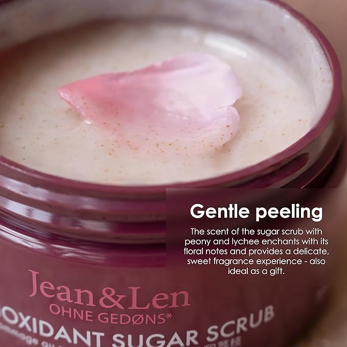 Jean & Len Antioxidant Sugar Scrub Peony & Lychee, for a fragrant cleansing experience, with rich oils, minimalistic jar, sugar scrub without parabens & silicones, 8.82 Fl. Oz.