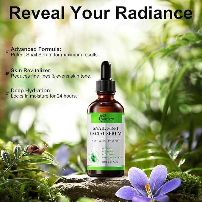Snail 5-in-1 Facial Serum with Retinol, Vitamin C, Collagen & Hyaluronic Acid-2 fl.oz-Age-Defying & Balancing Essence - Deeply Hydrating & Enhancing Formula -Daily Skin Care for a Supple, Radiant Look