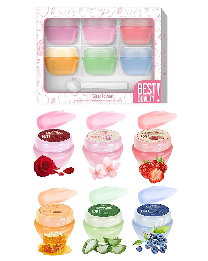 Lip Sleeping Mask Set-6 Pcs Lip Balm Hydrating Lip Mask Overnight Lip Treatment Care For Dry Cracked Lips,Day &Night Moisturize &Nourish Korean Lip Gloss For Women Improve Lip Color With Shea Butter
