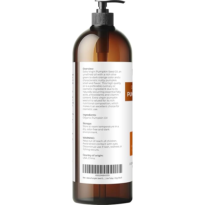 velona Pumpkin Seed Oil USDA Certified Organic - 32 fl oz | 100% Pure and Natural Carrier Oil | Unrefined, Cold Pressed | Cooking, Face, Hair, Body & Skin Care | Use Today - Enjoy Result