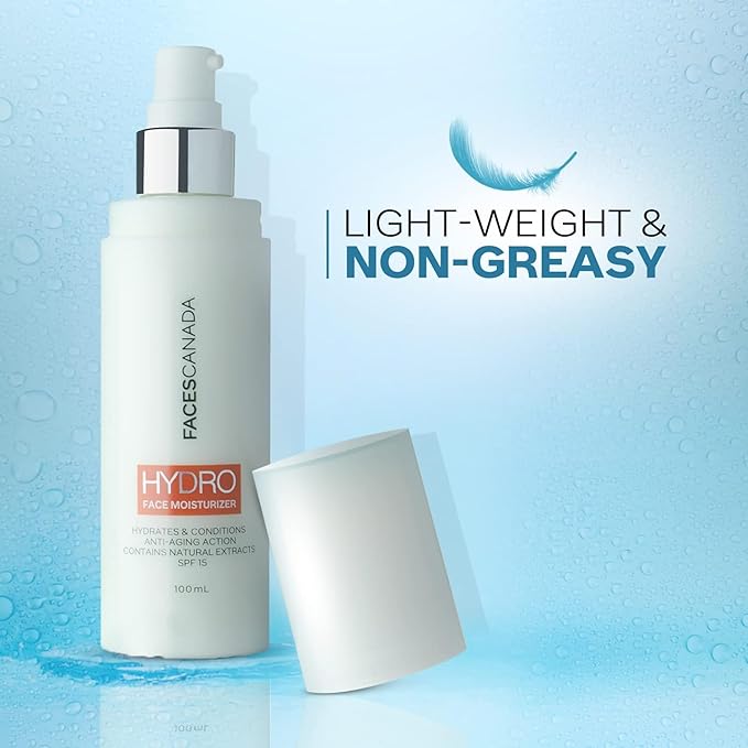 FACESCANADA Hydro Face Moisturizer | Hydrates & Conditions Skin | Anti Aging with Natural Extracts | SPF 15 Sun Protection | Lightweight Daily Cream | 3.38 Fl Oz (100ml)