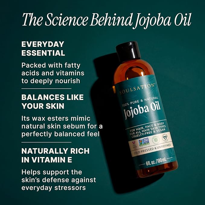 SOULSATION 100% Pure Jojoba Oil Bulk Size (32oz) for Face, Hair & Nails - Non-GMO, Cold-Pressed Moisturizing Premium Carrier Oil, Unrefined For Aging, Wrinkled, & Dry Skin, Frizzy, Damaged Hair