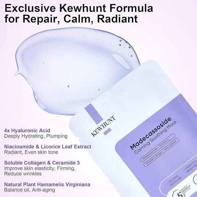 Madecassoside Sheet Mask Blemish Repair, Centella Face Mask- Hyaluronic Acid, Niacinamide, Panthenol Facial Masks for Soothing, Hydrating, Glow, SkinCare, 5ea Easter Basket Stuffers