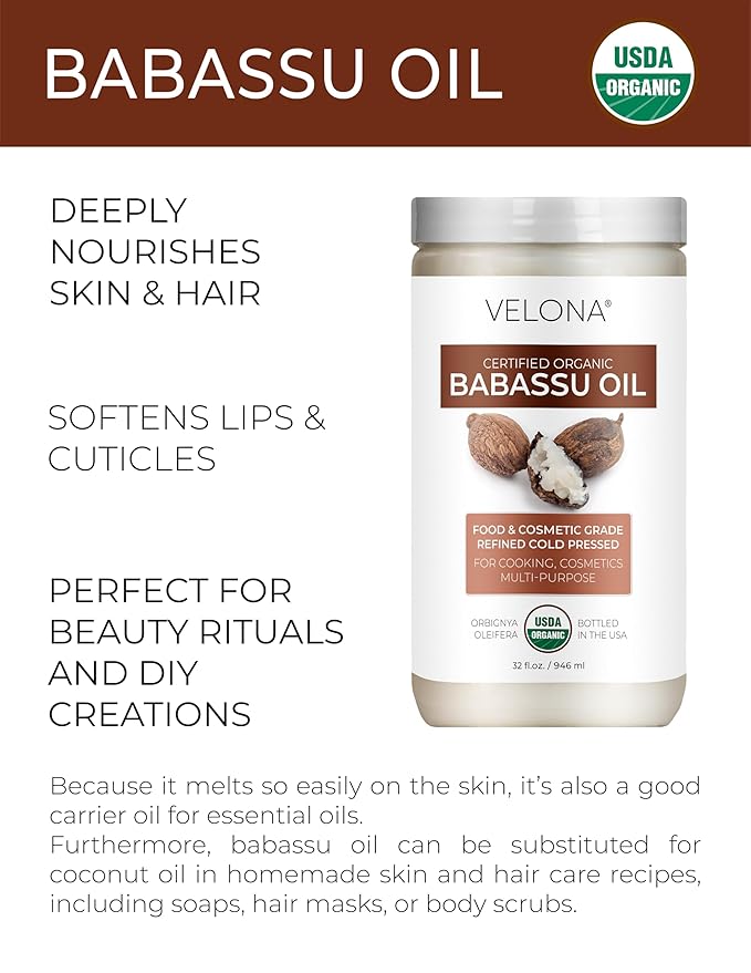 velona Babassu Oil USDA Certified Organic - 32 Fl Oz | 100% Pure and Natural Carrier Oil | Refined, Cold Pressed | Face, Hair, Body & Skin Care and Cooking | Use Today - Enjoy Results