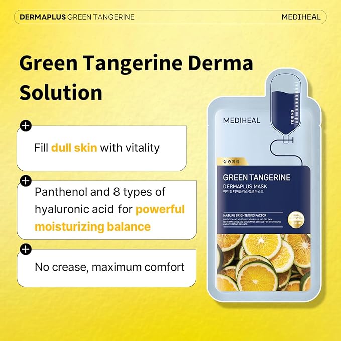 Mediheal Dermaplus Green Tangerine Mask (10 Counts) - Daily Vegan Mask for Toning Skin with Panthenol & Hyaluron, Korean Self Skin Care Sheet Mask