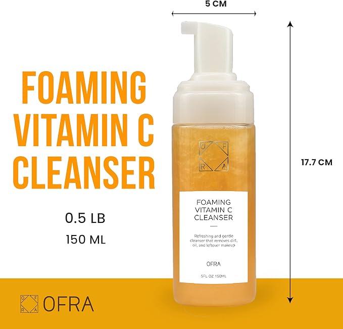 OFRA Cosmetics Foaming Vitamin C Cleanser - Frothy Face Wash Cleaner for Smooth & Glowing Skin - Daily Cleansing Skin Care for Removing Makeup, Dirt & Oil - Gentle Vegan Formula - Citrus Scent, 150mL