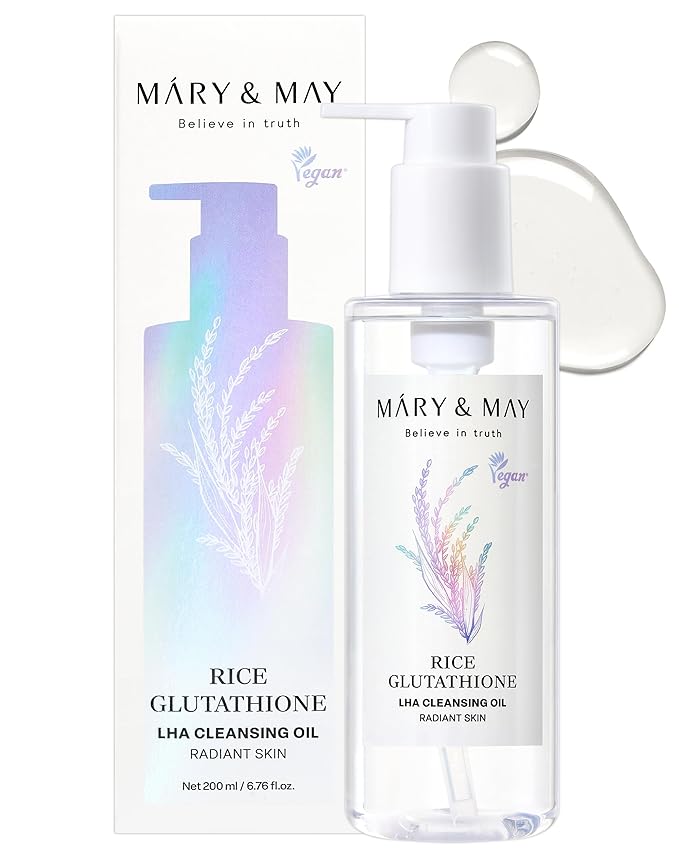 Mary&May Rice + Glutathione LHA Cleansing Oil – Korean Oil Cleanser for Blackheads & Pores, Waterproof Makeup & Sunscreen Remover, Oil-to-Milk Emulsifying, Exfoliation for Sensitive Skin 6.76 fl oz