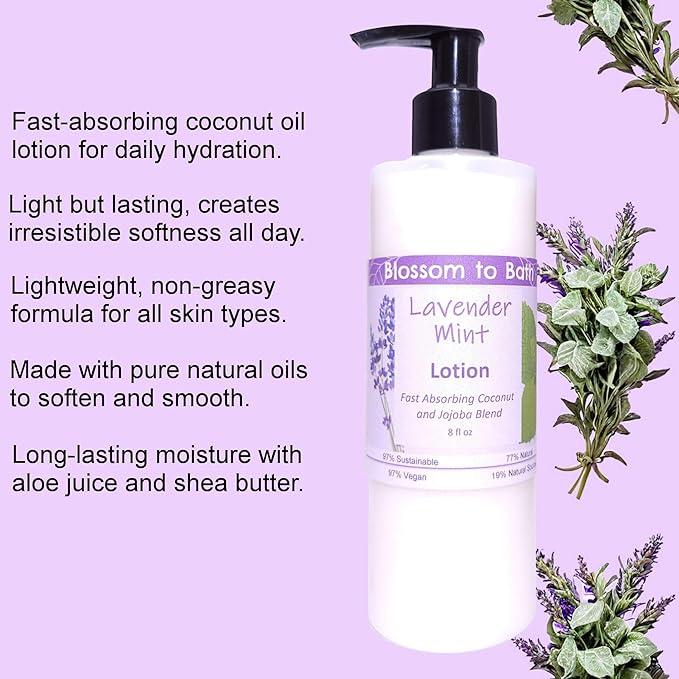 Blossom to Bath Lavender Mint Lotion (8 Ounce) - Pure Essential Oil Fragrance - Absorbs Quickly with a Cheerfully Relaxing Scent