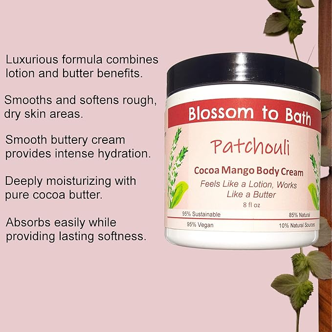 Blossom to Bath Patchouli Cocoa Mango Body Cream (8 Ounce) - Pure Essential Oil Fragrance - Feels Like A Lotion And Works Like A Butter with a Woodsy Exotic Scent