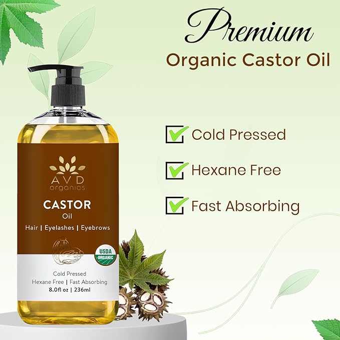 AVD Organics Castor Oil 236 ML– 100% Pure USDA Certified Organic Castor Oil for Hair Growth Big Bottle with Pump (8 oz)