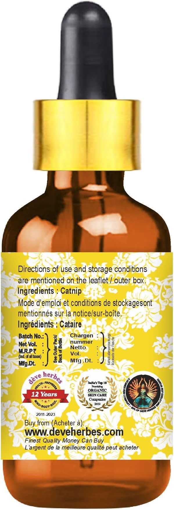 dève herbes Catnip Essential Oil (Nepeta cataria) with Glass Dropper | Pure | Non-Sticky | Non-Greasy | Lightweight | Men & Women | All Skin Types | Steam Distilled 5ml (0.16 oz)