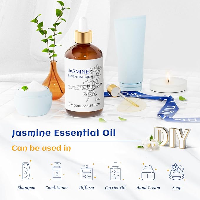 HIQILI Jasmine Essential Oil, Pure & Natural Jasmine Oil for Diffuser, Perfume, Shampoo, Aromatherapy-3.8 Fl Oz/100 ML
