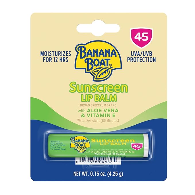 Banana Boat SPF Lip Balm with Aloe Vera & Vitamin E,0.15oz | Beach Essentials,Moisturizing Lip Sunscreen SPF 45,Travel Sunscreen for Lips,0.15oz,(Pack of 10)