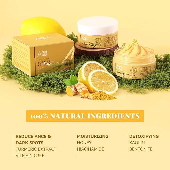 ANAI RUI Turmeric Vitamin C Clay Mask, Vitamin C Clay Facial Mask for Blackheads, Pores, Wrinkles, Fine Lines, Hydrating, Clarifying, Cleansing, Control Oil, 4.23 OZ