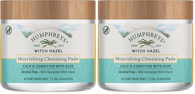 Humphreys Witch Hazel Nourishing Cleansing Pads | Wild Harvested Witch Hazel & Aloe | Hydrating, Natural Alcohol-Free Formula | 60 Rounds,(Pack of 2)