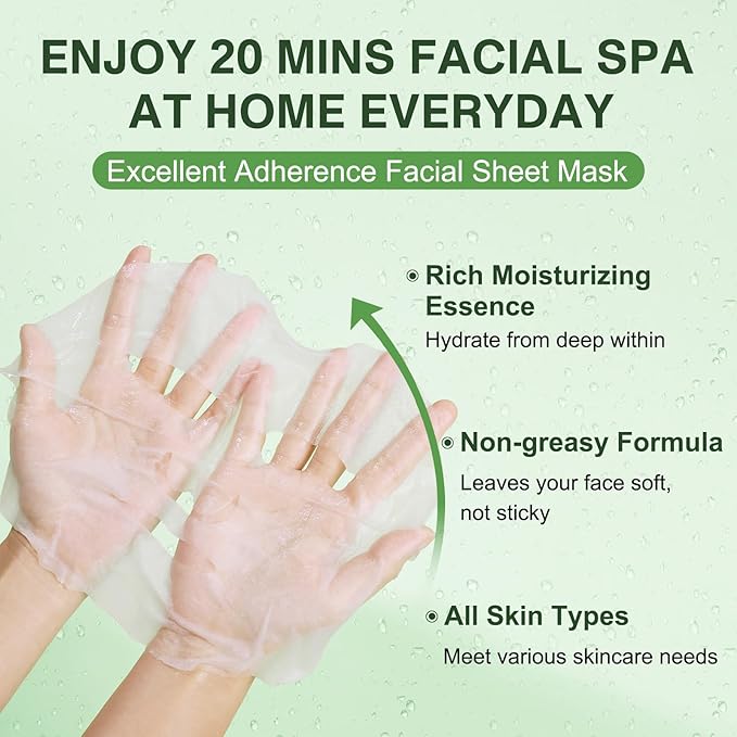 SPRINGSKY Hydrating Face Mask with Natural Cactus & Centella Asiatica, Moisturizing Sheet Mask for Dry Sensitive Skin, 24HR Deep Hydration Soothing for Radiant Glow, Korean Skincare, 4 Count