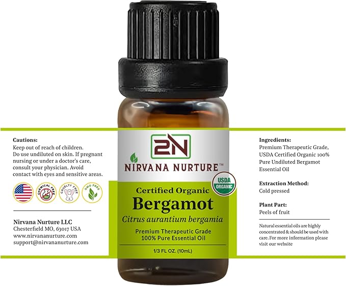 Bergamot Essential Oil, USDA Certified Organic, 100% Pure Undiluted, Aromatherapy Oil for Diffuser, Hair & Skin Care