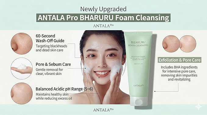 ANTALA Bharuru Low pH Korean Skincare Foam Cleanser 8.45oz, Gentle Facial Cleanser with Bakuchiol, BHA and Centella, Deep Pore Cleansing Face Wash, Hydrating Cream Cleanser for Sensitive Skin