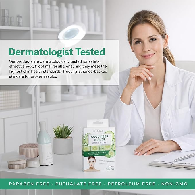 Skin 2.0 Cucumber & Aloe Face Mask – Dermatologist Tested, Anti Aging, Korean Skin Care – Hydrating, Moisturizing, Cooling & Calming For Sensitive, Supple Skin – Vegan, Clean Beauty – 5 Count