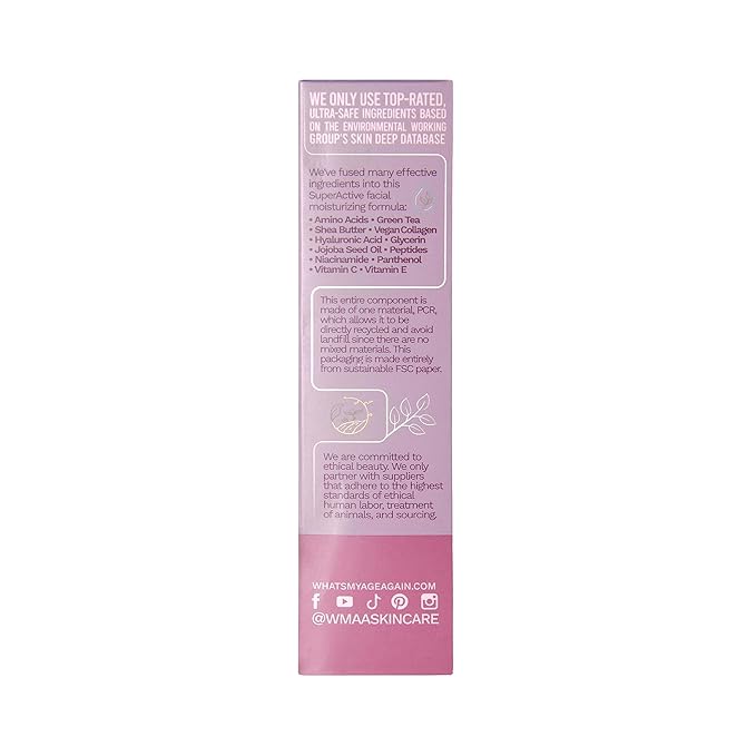What’s My Age Again? SuperActive Facial Moisturizer | Daily Hydrating Face Moisturizer with Hyaluronic Acid, Niacinamide, Glycerin, Peptides, Vitamins B5, C & E | Clean, Vegan, Sustainable & Cruelty-Free | EWG Verified | Fragrance Free | All Skin Types...