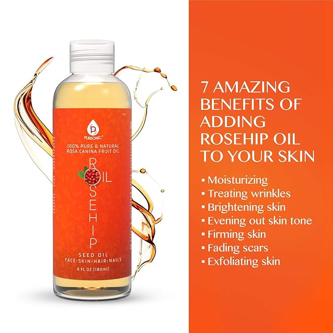 Pursonic 100% Pure Cold-Pressed Rosehip Oil – 6 FL oz Moisturizing Facial Oil for Face, Hair, Skin & Nails,Anti-Aging, Hydrating, Brightening, Scar & Stretch Mark Care - Pack of 1