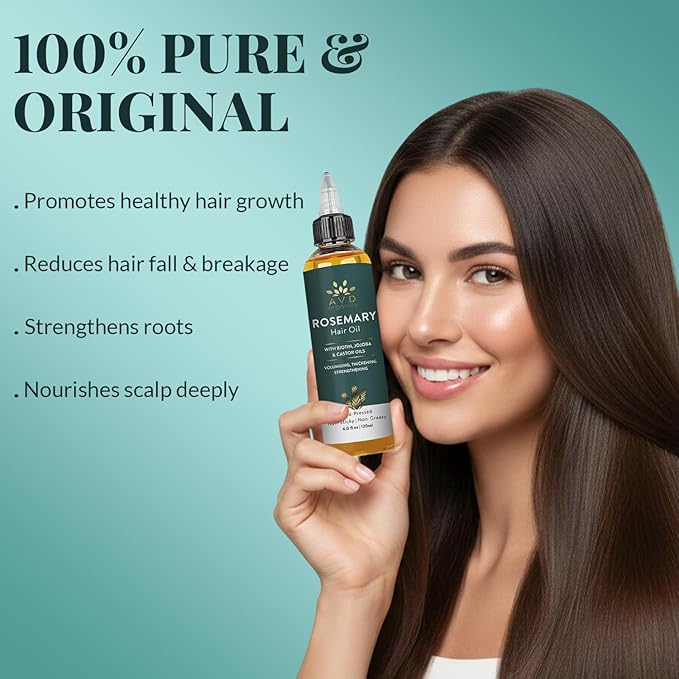 AVD Organics Rosemary Oil for Hair Growth & Scalp | Infused with Boitin | Hair Stregthening Nourishing and Volumizing | Infused with Jojoba & Castor Oil | Non - GMO 120ml