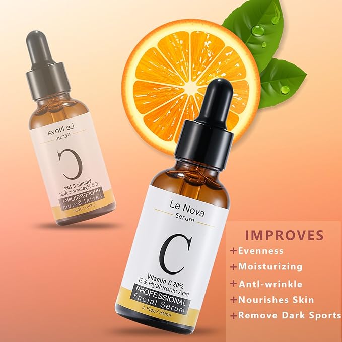 Le Nova Vitamin C Serum for Face – Brightening, Anti-Aging, Hydrating & Fragrance-Free – Lightweight Serum for Sensitive, Acne-Prone & Dry Skin – With Hyaluronic Acid, Aloe Vera & Vitamin E – 1 fl oz