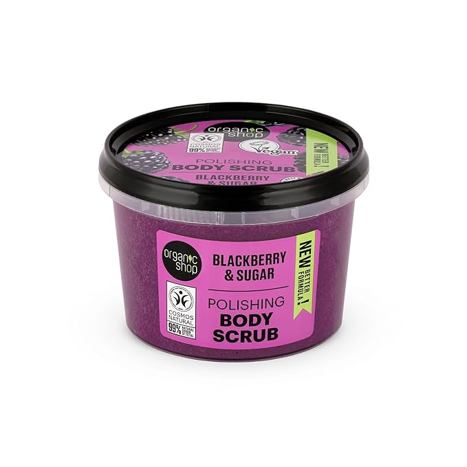 Organic Shop Blackberry & Sugar Hydrating & Exfoliating Body Scrub, 100% Vegan & Organic, Daily Exfoliant, Detox & Moisturizer, Body, Face, Hand & Foot, Intensive Care & Skin Toning. 250ml.