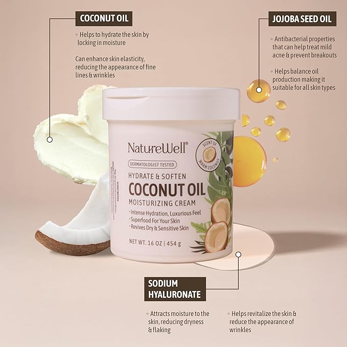 NATURE WELL Coconut Oil Moisturizing Cream for Dry Skin – Deep Hydration Lotion for Face, Body & Hands, Spa Quality Skincare, Softens & Smooths, Non-Greasy, Fast Absorbing, Vitamins A C E (10 Oz)