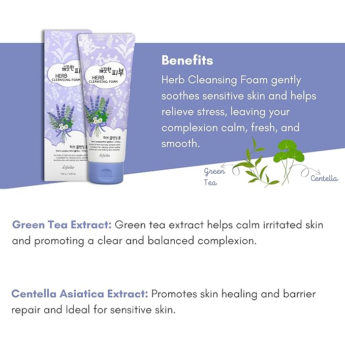 esfolio Herb Cleansing Foam - Gentle Face Wash with Natural Herbal Extracts for Deep Cleansing, Hydrating & Soothing - Suitable for All Skin Types (5.29 OZ-150ML)