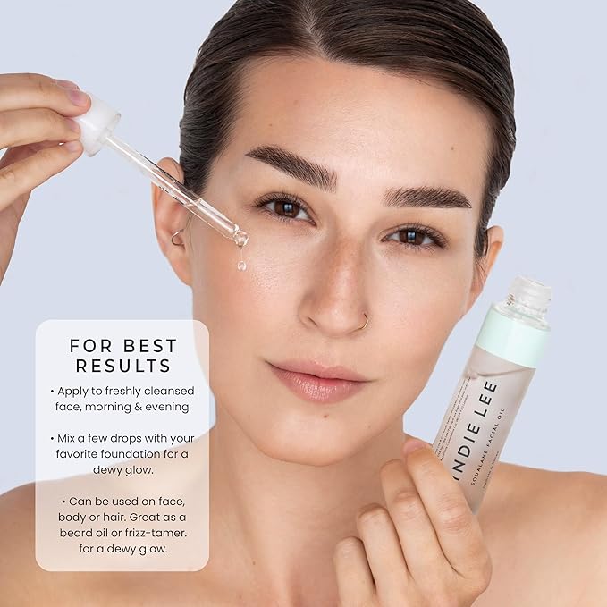 Indie Lee 100% Squalane Oil, 100% Olive-Derived Daily Multi-Use Face & Body Oil, Hydrating Non-Greasy Moisturizer for Dry Skin, Fine Lines & Wrinkles, Even Skin Tone, Brighten & Improve Texture, 10ml