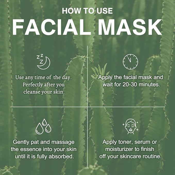 SPRINGSKY Hydrating Face Mask with Natural Cactus & Centella Asiatica, Moisturizing Sheet Mask for Dry Sensitive Skin, 24HR Deep Hydration Soothing for Radiant Glow, Korean Skincare, 4 Count