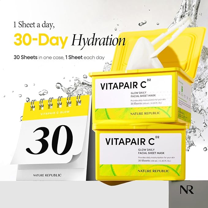 Nature Republic Vitapair C Daily Face Mask (30 vegan sheets) Niacinamide & Centella Asiatica Extract Bulk Facial spa Mask for Moisturizing & Hydrating Glow, korean beauty skin care for all skin types