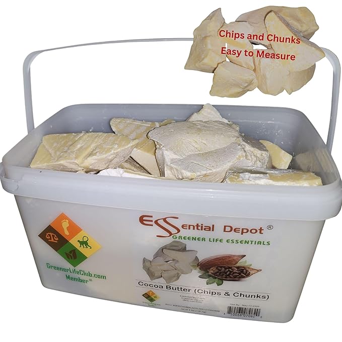 Cocoa Butter - chips/chunks - 4 lb - Kosher - Raw - Unrefined - Natural Cocoa Scent - Safety Sealed Wide Mouthed PP Container with Resealable Cap and Reattachable Handle - microwave-safe, freezer-safe