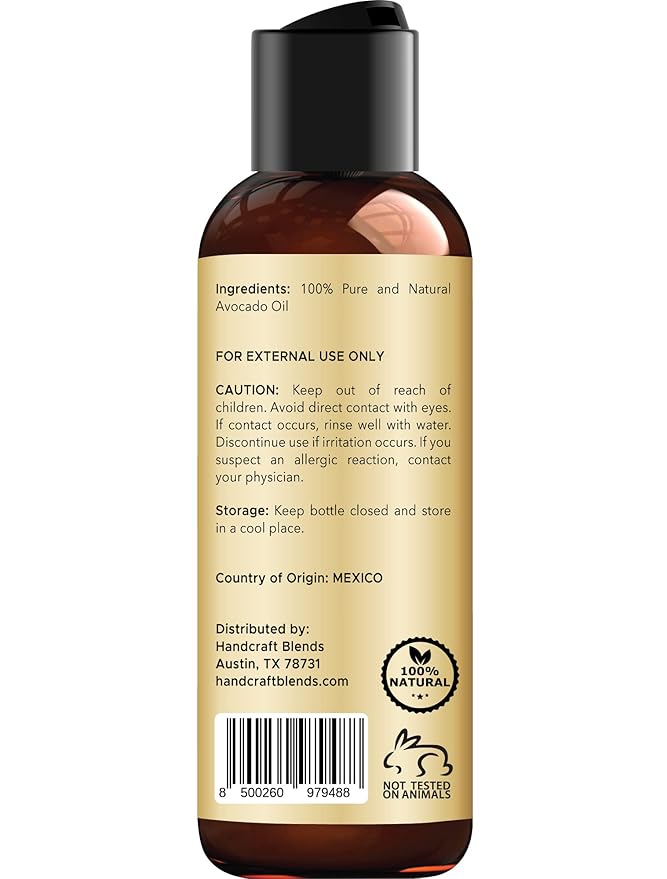 Handcraft Blends Avocado Oil - Cold-Pressed 4 Fl Oz - 100% Pure and Natural - Premium Grade Carrier Oil for Skin and Hair - Hair and Body - Massage - Hexane-Free