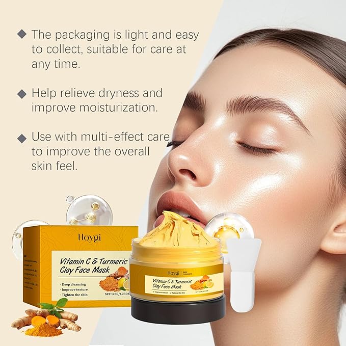 Turmeric Vitamin C Clay Mask, Suitable for Dark Spots and Dull Skin, Deep-Cleaning and Moisturizing Skincare Mask That Can Remove Blackheads and Pores, and Improve Uneven Skin Tone, 4.23 Ounces