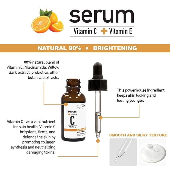 CLARA'S NEW YORK Natural Glowing Facial Serum Duo (Natural 100% Rosehip Oil serum 30ml & Natural 94% Vitamin C Face Serum 30ml) with Niacinamide and Hyaluronic Acid, Vitamin E Made in USA