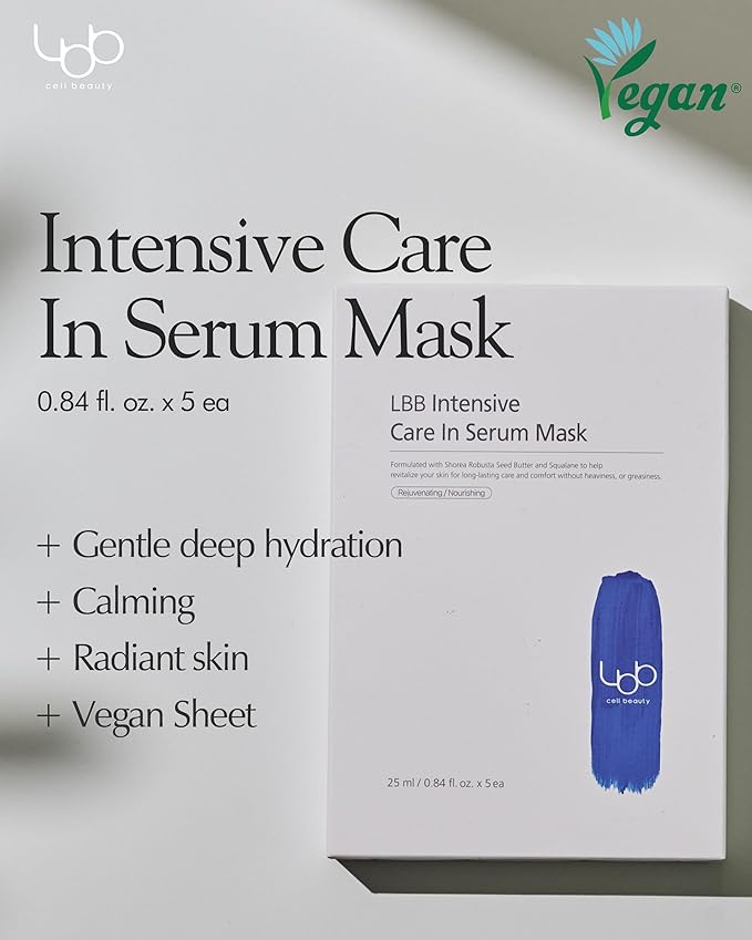 LBB Intensive Care In Serum Mask - Hypoallergenic Face Mask Sheet for Revitalizing, Long Lasting Moisturizing - Vegan Paper Mulberry Sheet - Squalane, Shea Butter, 5 Sheet