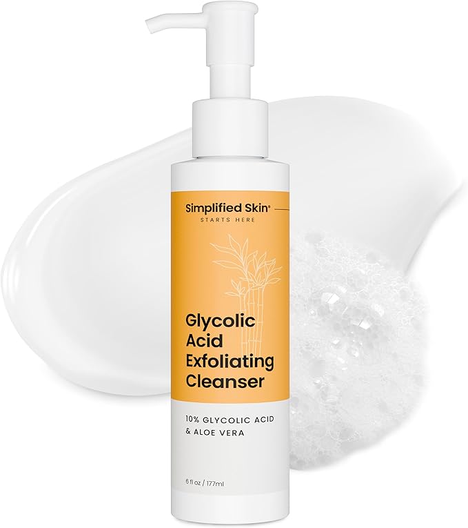 Simplified Skin Glycolic Acid Face Wash for Exfoliating & Anti-Aging - 10% AHA Cleanser to Remove Build Up & Even Tone on Face, Armpits & Body – With Aloe Vera & Sunflower Oil, 6 Fl Oz