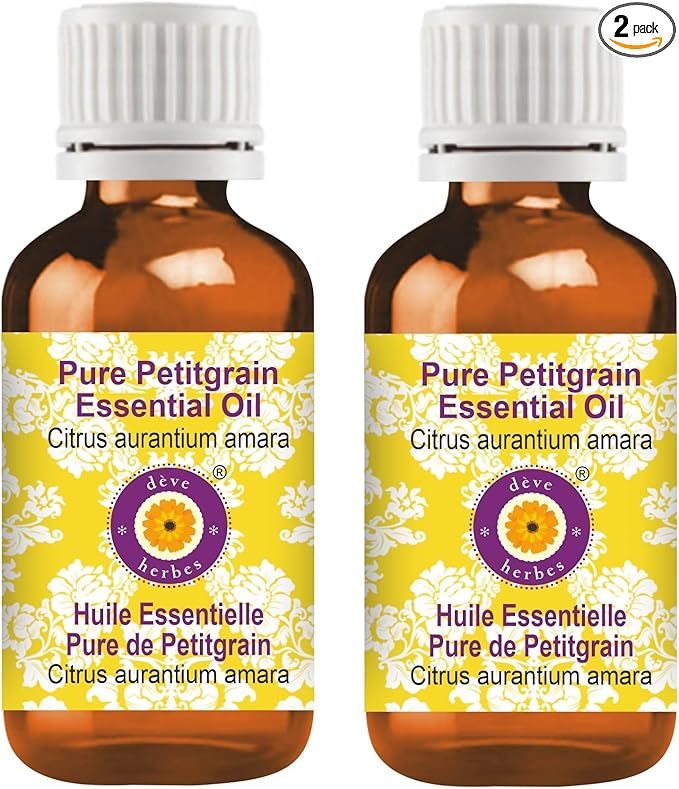 Deve Herbes Pure Petitgrain Essential Oil (Citrus aurantium Amara) Steam Distilled (Pack of Two) 100ml X 2 (6.76 oz)