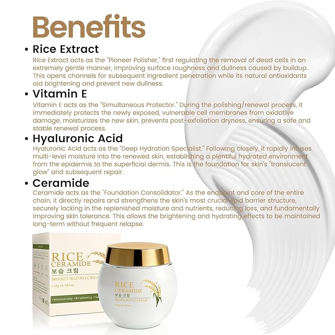 Rice Ceramide Moisturizing Cream, Vitamin E & Hyaluronic Acid Infused for Damaged Skin Barrier, Firms & Nourishes Dry Combination Skin, Hydrating & Glowing Women Face Moisturizer, Cruelty-Free, 4.59oz