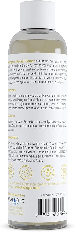 Hyalogic Witch Hazel Toner - Alcohol-Free Facial Toner with Hyaluronic Acid & Aloe Vera - Face Astringent for All Skin Types - Facial Toner to Boost Brightness & Softness (8 fl oz)