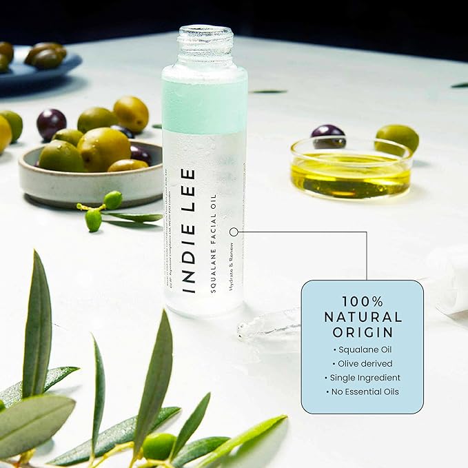 Indie Lee 100% Squalane Oil, 100% Olive-Derived Daily Multi-Use Face & Body Oil, Hydrating Non-Greasy Moisturizer for Dry Skin, Fine Lines & Wrinkles, Even Skin Tone, Brighten & Improve Texture, 10ml