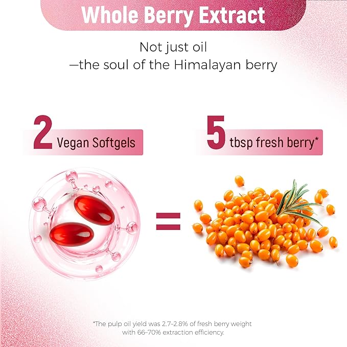 Laicuherb Skin Glow Sea Buckthorn Oil Capsules Support Face, Hair & Nails with Omega 3 6 9 & 7, Co2 Extracted, Himalayan Sea Buckthorn Berry Omega 3 Supplement Support Skin Hydration & Elasticity