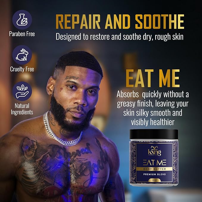 KXNG Cosmetics Organic Shea Body Butter Cream – 8oz | Whipped Body Butter for Men & Women with Shea, Cocoa, Mango & Coconut Oil | Deep Hydration for Dry Skin, Hands & Feet – Eat Me XL